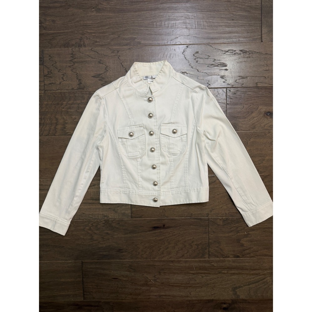ABR‎ New York Womens White Denim Military Jacket Mandarin Collar Button 12P